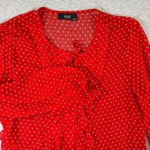 ANA New Approach Red Star Print Ruffle Tie Neck Blouse Womens Large Long Sleeve